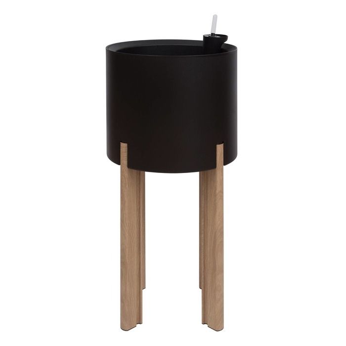 KIT Mediterráneo 95RN | Jardinera modular redonda negra 95h patas aluminio color madera + mesa redonda negra + cubitera redonda negra