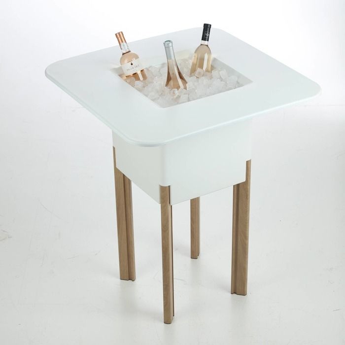 KIT Meditarréneo 95CB | Jardinera modular cuadrada blanca 95h patas aluminio color madera + mesa cuadrada blanca + cubitera cuadrada blanca