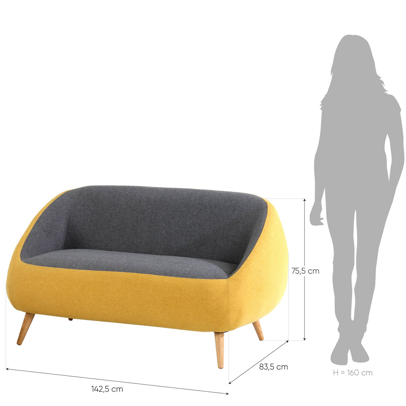 MARPE | Sofá con brazos tapizado bicolor mostaza/gris (142,5 x 83,5 x 75,5 cm) 