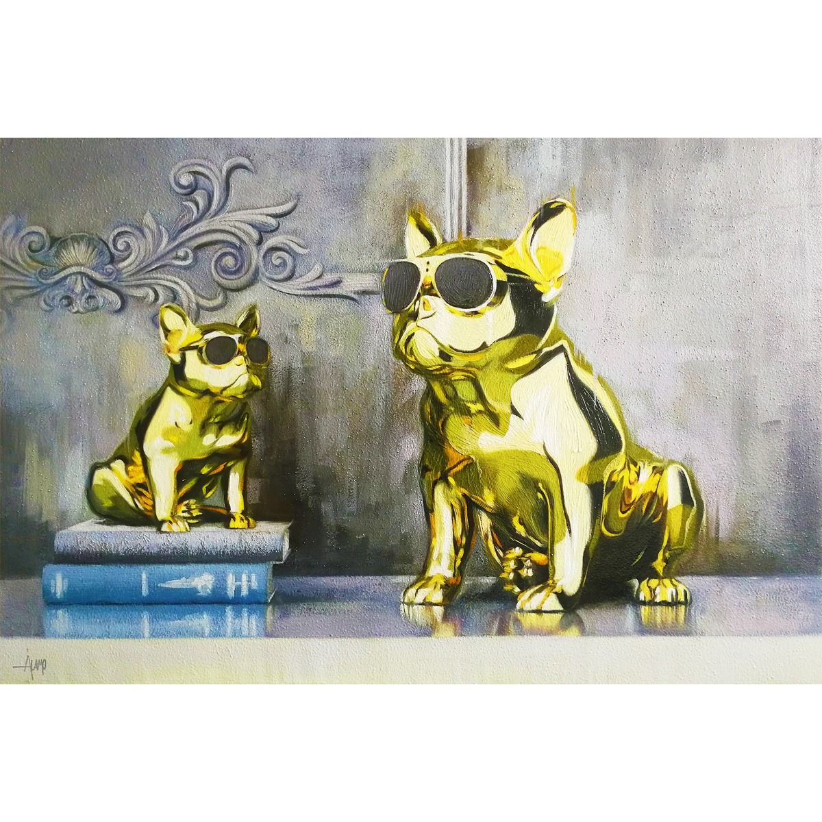 Serie ANIMALES | Cuadro bulldogs dorados (120 x 80 cm)