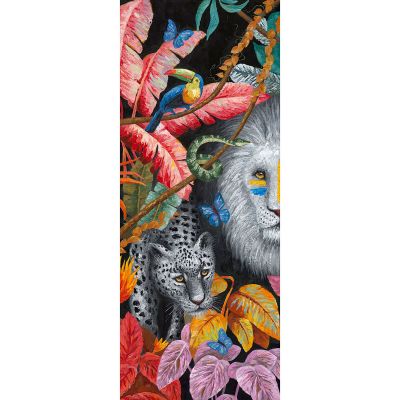 Serie ANIMALES | Cuadro selva león vertical izquierda multicolor (100x250 cm)