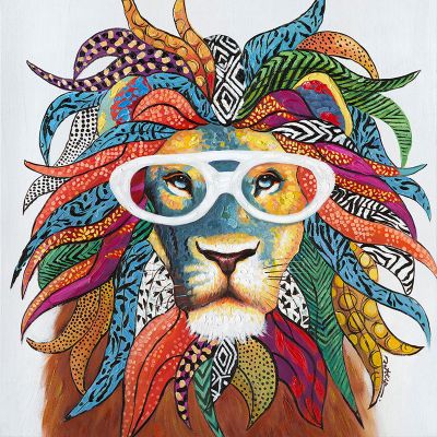 Serie ANIMALES | Cuadro León con gafas multicolor ( 100x100 cm)