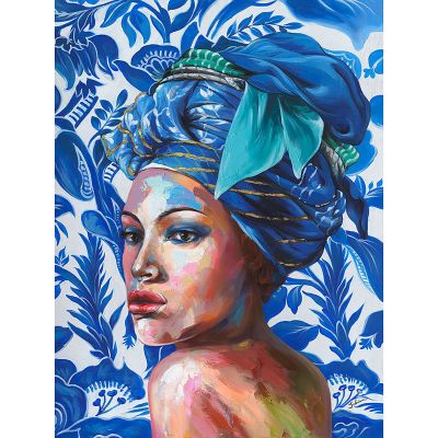 Serie ROSTRO | cuadro mujer étnico tonos azul (90x120 cm)